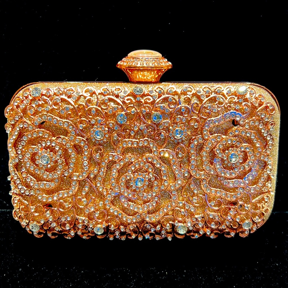 Rhinestone Encrusted Floral Cutout Clutch Rose Gold